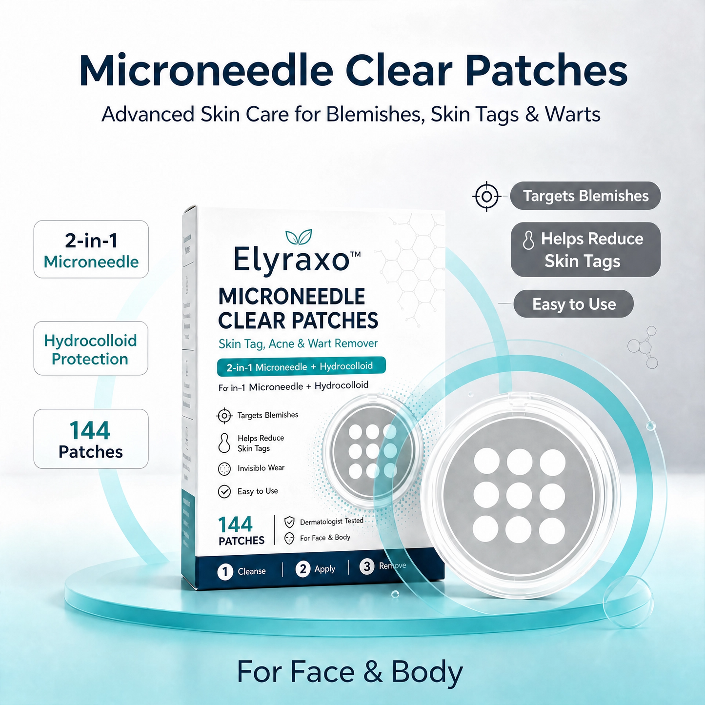 Elyraxo™ MicroNeedle Clear Skin Patches – 144 Hydrocolloid Patches for Blemishes, Skin Imperfections & Targeted Skin Care